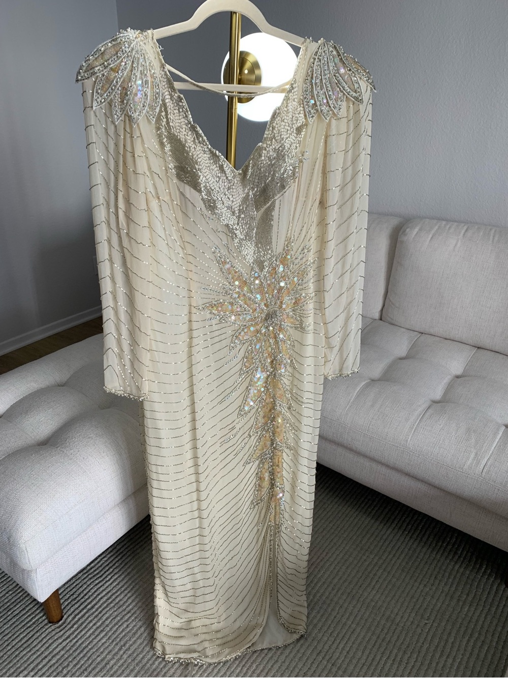 Jacqueline Ferrar Ivory Beaded Long-Sleeve Evening Gown